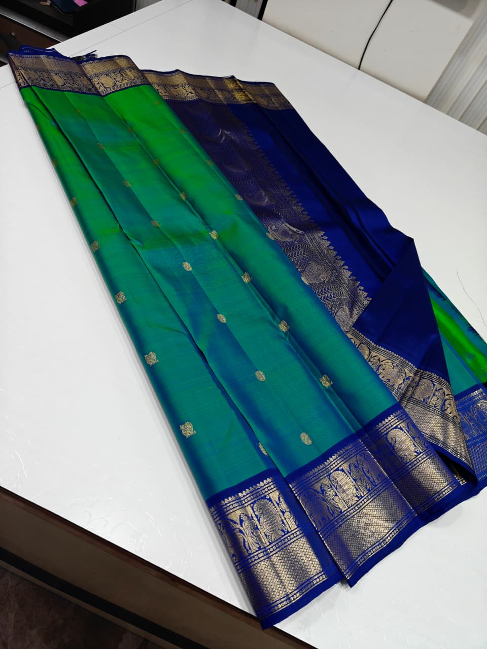 Peacock Green and Royal Blue Zari Kanchipuram Silk Saree